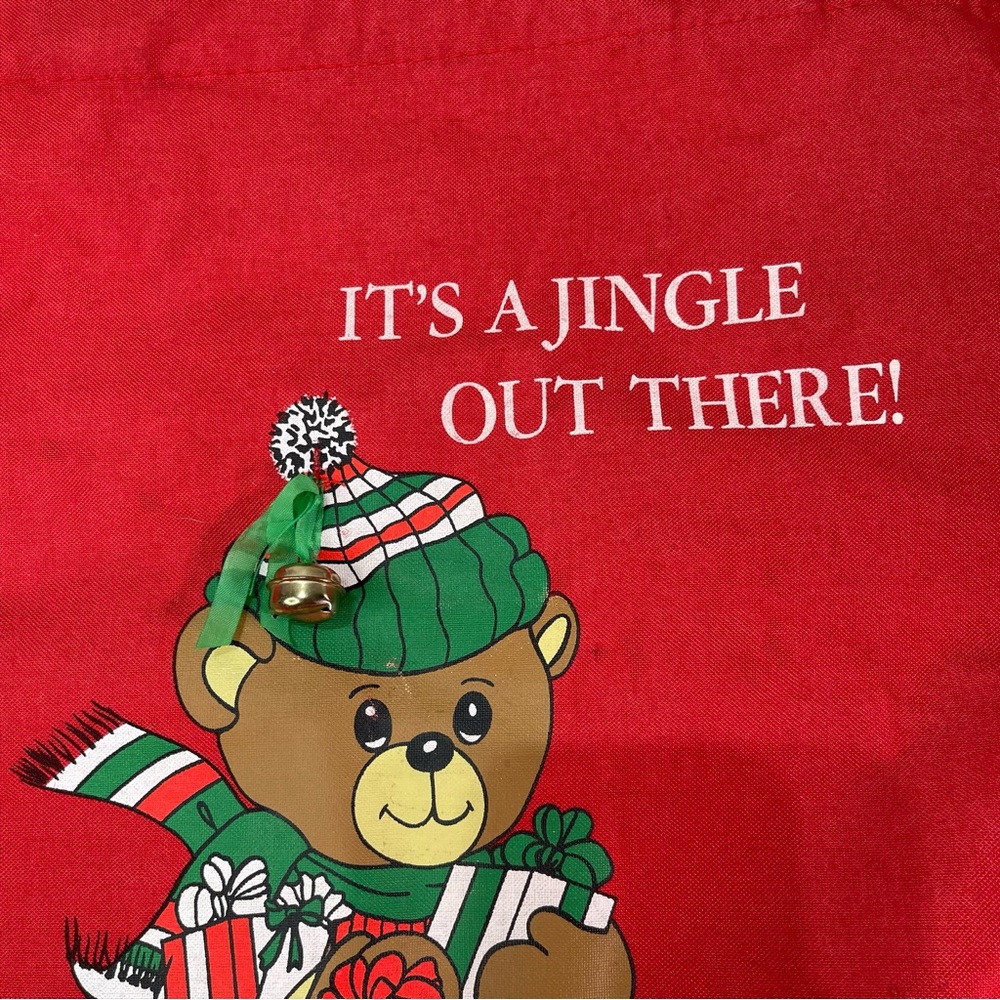 Vintage Christmas 1988 Winter Teddy Bear Red Canvas Tote Bag Jingle Bell  17x18' - Picture 2 of 10